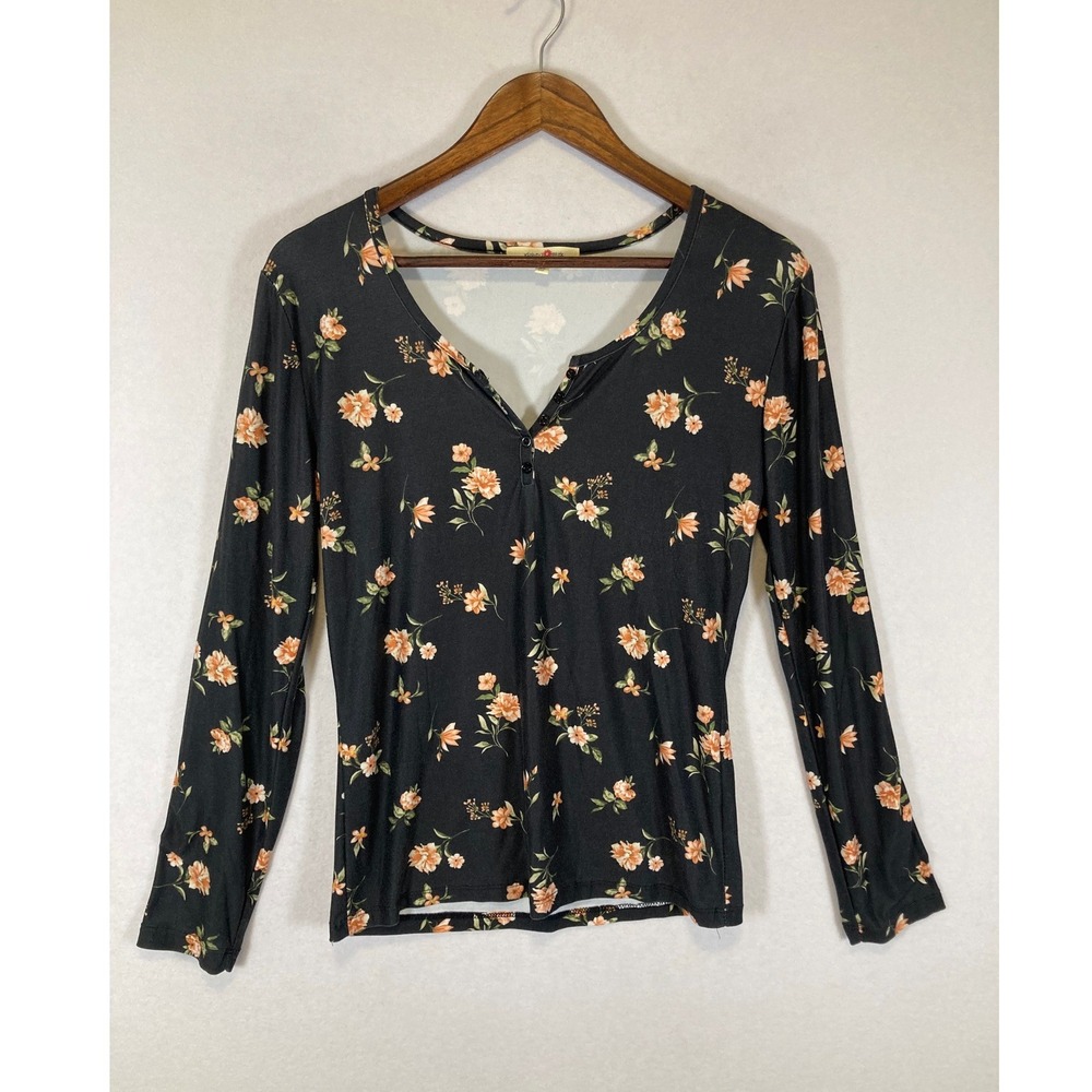 Cottagecore‎ Everyday Basic Wishful Park Women Large Black Floral Henley Top